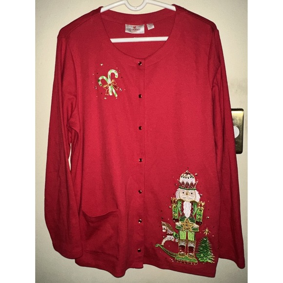 Quacker Factory Christmas Cardigan Nutcracker Candy Cane Embellished Sz L EUC - Picture 1 of 5